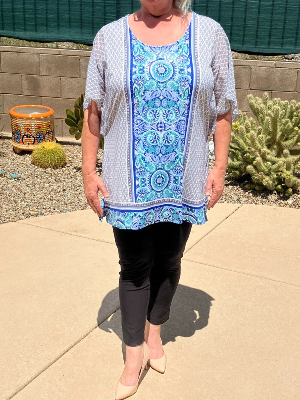 M Collection for Women Blue & Gray Printed Overlay Tunic Top 2X